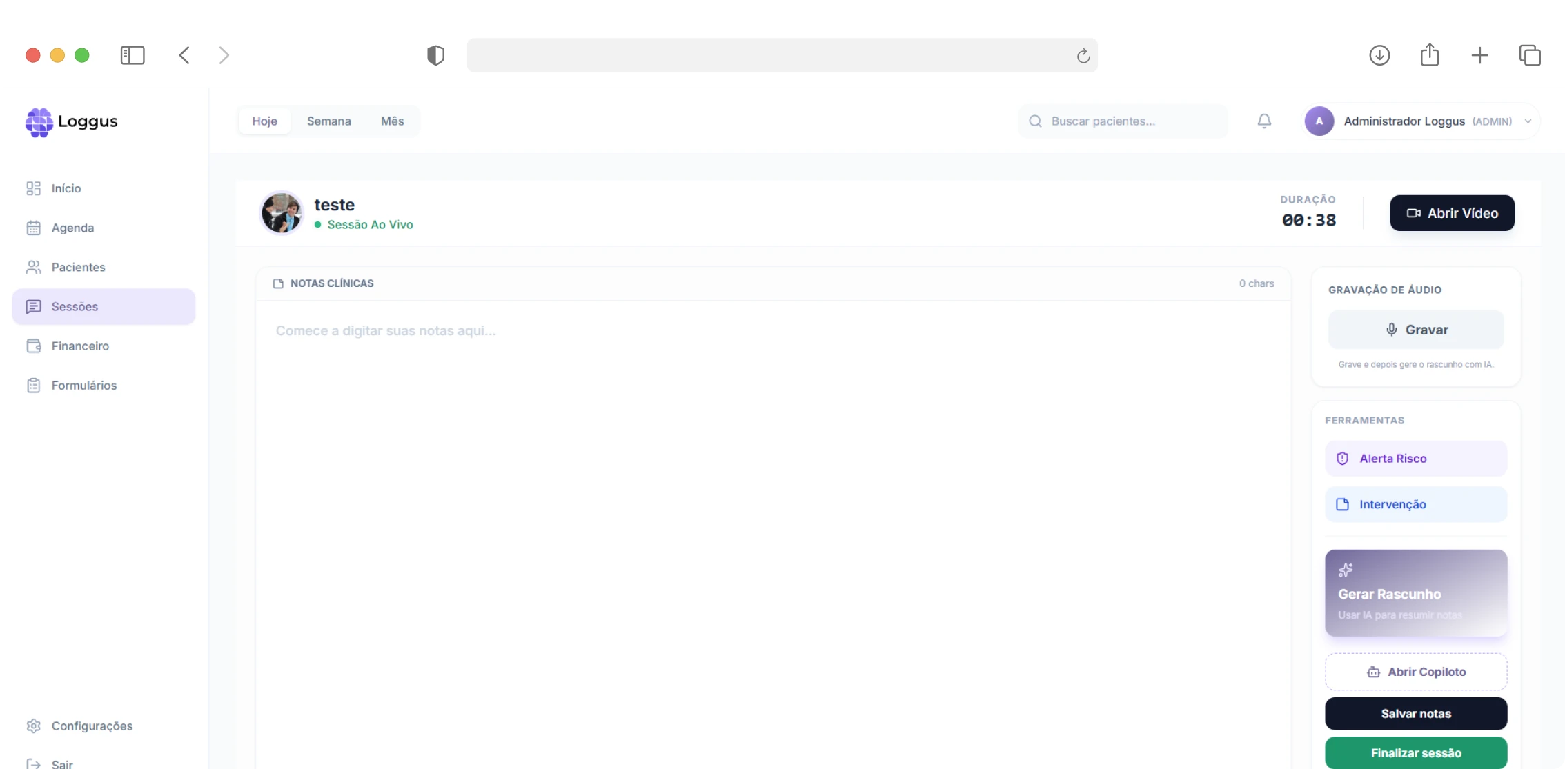Prontuário clínico digital em sistema clínico para psicólogos com notas da sessão e ferramentas de apoio