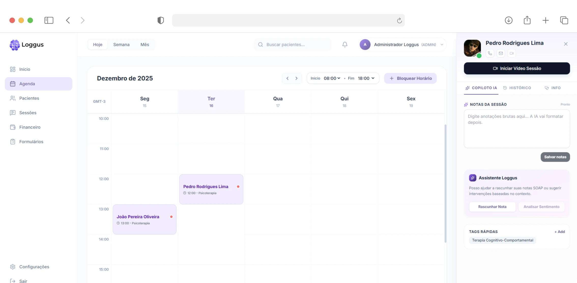 Agenda integrada em sistema clínico para psicólogos com visualização semanal de sessões e pacientes