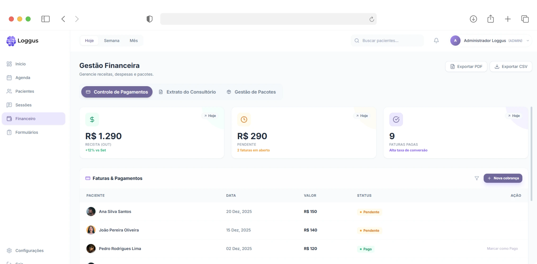 Controle financeiro em sistema clínico para psicólogos com receitas, pagamentos e faturas organizadas